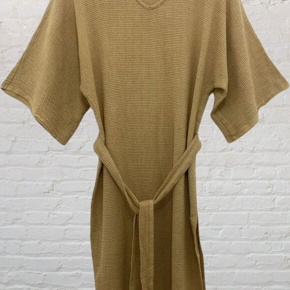 Joy Charlotta XS Cotton Knit Dress Tie Belt Mustard Yellow Side Slit Boho - Picture 5 of 16
